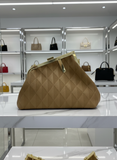 TAN FRAMED CLUTCH BAG WITH QUILTED DIAMOND TEXTURE AND GOLD HARDWARE LADIES SLING BAG