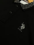 USP A BLACK POLO WITH TONAL LOGO PRINT COLLAR POLO T-SHIRT