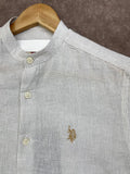 USP A REGULAR FIT MANDARIN COLLAR STRIPED LINEN-COTTON OG SHIRT