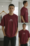 BALNCIG MAROON/BURGUNDY B/B LOGO BLACK PRINTED ROUND NECK OVERSIZED T-SHIRT