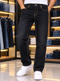 ZRA STRAIGHT FIT CONTRAST-STITCHED RAW BLACK JEANS