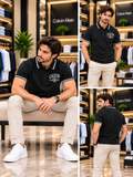C-K STRIPED COLLAR ARCHIVAL EMBROIDERED POLO T-SHIRT