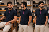 R/R NAVY MONOGRAM PLACKET POLO T-SHIRT