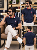 TMY NAVY BLUE EMBROIDERED MONOGRAM POLO T-SHIRT