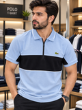 LCST LIGHT BLUE CHEST-PANEL ZIP POLO T-SHIRT
