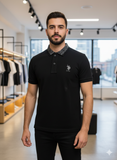 USP A BLACK POLO WITH TONAL LOGO PRINT COLLAR POLO T-SHIRT