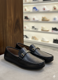 PRADA Men’s Executive Black Leather with Signature Gold-Tone Accents Loafers
