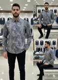 IMPORTED GRAY MONOCHROME TROPICAL LEAF PRINTED SHIRT