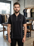 A-X ZIP-NECK PIPED PIQUE POLO T-SHIRT