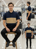 A-X NAVY AND TAN COLOR-BLOCK POLO T-SHIRT