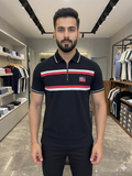 A-X STRIPED ZIP-NECK PIQUE POLO T-SHIRT