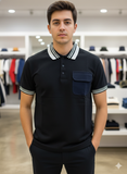 A-X BLACK WITH STRIPED COLLAR & CHEST POCKET POLO T-SHIRT