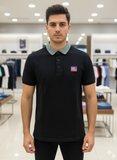 A-X BLACK WITH STRIPED COLLAR & 'AX 1991' PATCH POLO T-SHIRT
