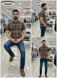 USP A BROWN PLAID CHECKS CLASSIC POLO T-SHIRT