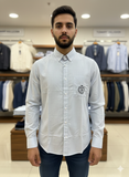 TMY LIGHT BLUE PINSTRIPE SHIRT – EMBROIDERED CREST LOGO OG SHIRT