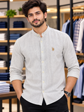 USP A REGULAR FIT MANDARIN COLLAR STRIPED LINEN-COTTON OG SHIRT