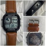 Casio "World Time" Illuminator (AE-1121WH) – Digital Display with Cognac Leather Strap