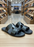 HERMS Men's Black Croc-Embossed Leather slipper