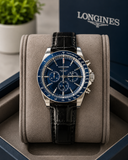 Longines Conquest Chronograph Men’s Watch – Blue Dial with Black Leather Strap watch