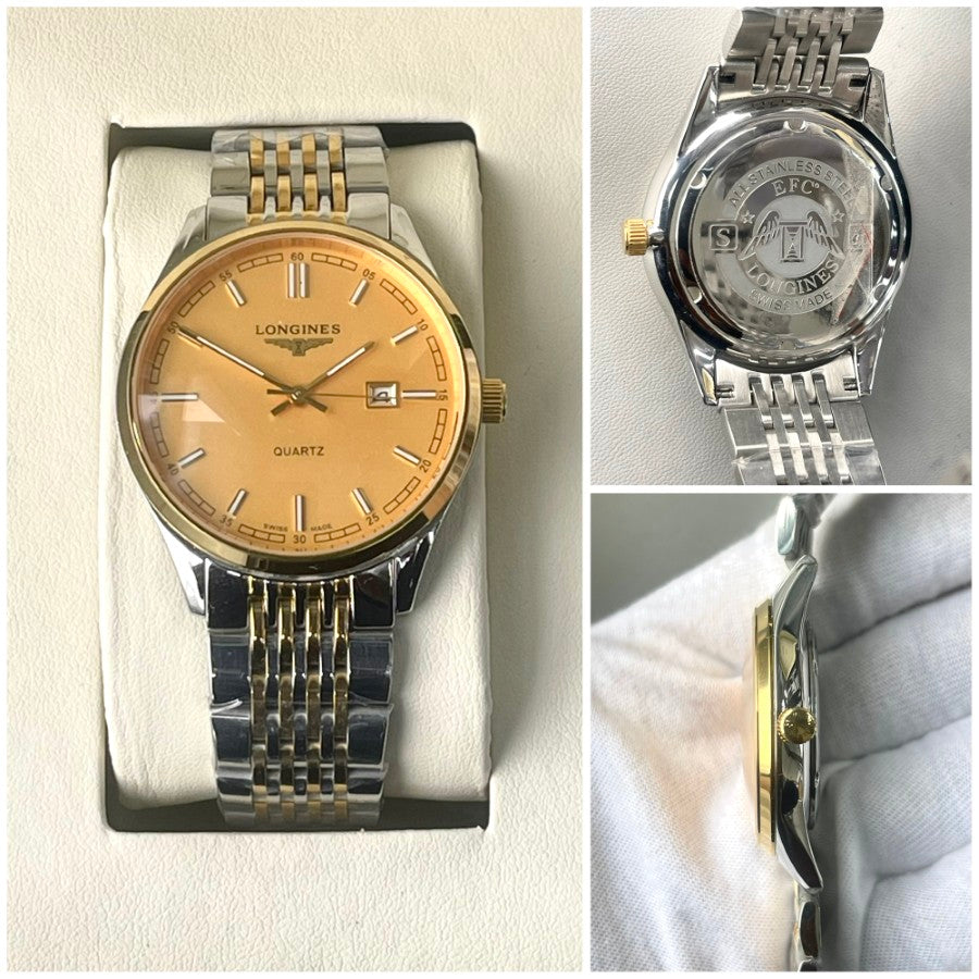 LONGNS GOLD DIAL METAL STRAP WATCH