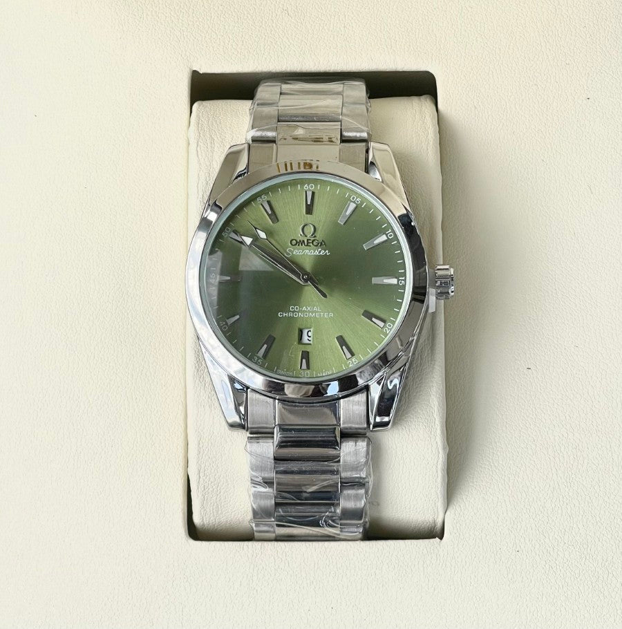 OMEG A GREEN DIAL QUARTZ METAL STRAP WATCH