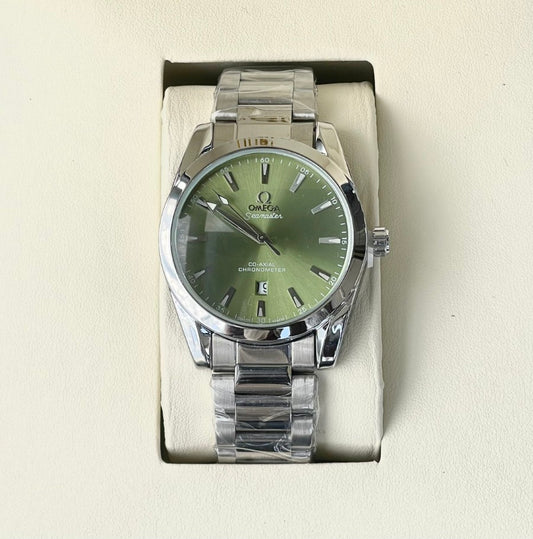 OMEG A GREEN DIAL QUARTZ METAL STRAP WATCH