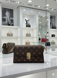 L-V MONOGRAM SHOULDER BAG IN BROWN AND TAN PRINT WITH TURN-LOCK LADIES SLING BAG