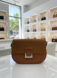 AJ  TAN SUEDE AND LEATHER SADDLE BAG WITH SILVER BUCKLE LADIES SLING BAG