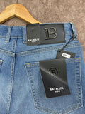 BLMN PARIS METALLIC B EMBLEM LIGHT WASH STRAIGHT-FIT JEANS