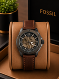 Fossil Machine Automatic Skeleton Dial Brown Leather strap watch