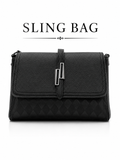 BLACK LEATHER FLAP BAG WITH QUILTED DIAMOND PATTERN AND SILVER HARDWARE LADIES SLING BAG