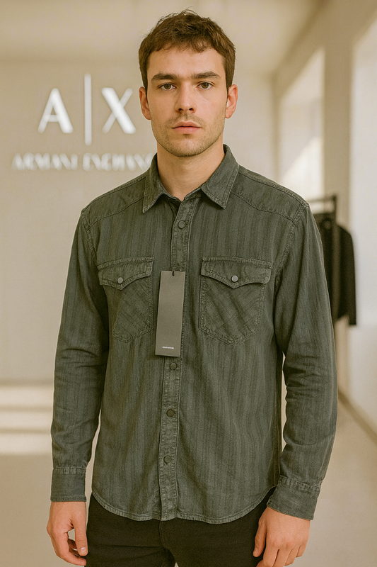 A-X DENIM DOUBLE POCKET BACK PRINTED SHIRT