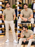 TMY REGULAR FIT TIPPED SLEEVE BEIGE POLO T-SHIRT