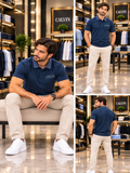 C-K CONTRAST CHAMBRAY COLLAR PIQUÉ POLO T-SHIRT