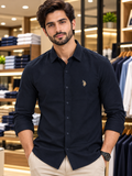 USP A REGULAR FIT SOLID BLACK CASUAL OG SHIRT