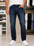 TMY DEEP INDIGO WHISKERED EMBROIDERED FLAG STRAIGHT-FIT JEANS