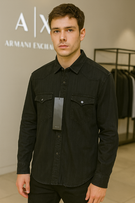 A-X DENIM DOUBLE POCKET BACK PRINTED SHIRT