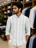 TMY EMBROIDERED FLAG LINEN-BLEND STRIPED OG SHIRT