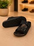 Premium Black Double Buckle Comfort leather slippers