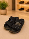 Premium Black Double Buckle Comfort leather slippers