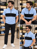 LCST LIGHT BLUE CHEST-PANEL ZIP POLO T-SHIRT