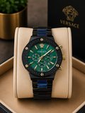 Versace Men's Green Dial Chronograph Watch – Black Stainless Steel  | Swiss Made metal strap premium watch