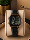 Casio Vintage World Time Digital Watch with Black Leather Strap