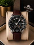 Casio Edifice Chronograph Black Dial Men's Brown Leather Strap original Watch