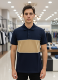 A-X NAVY AND TAN COLOR-BLOCK POLO T-SHIRT