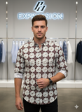 R/R WHITE & BURGUNDY MEDALLION PRINT CASUAL SHIRT