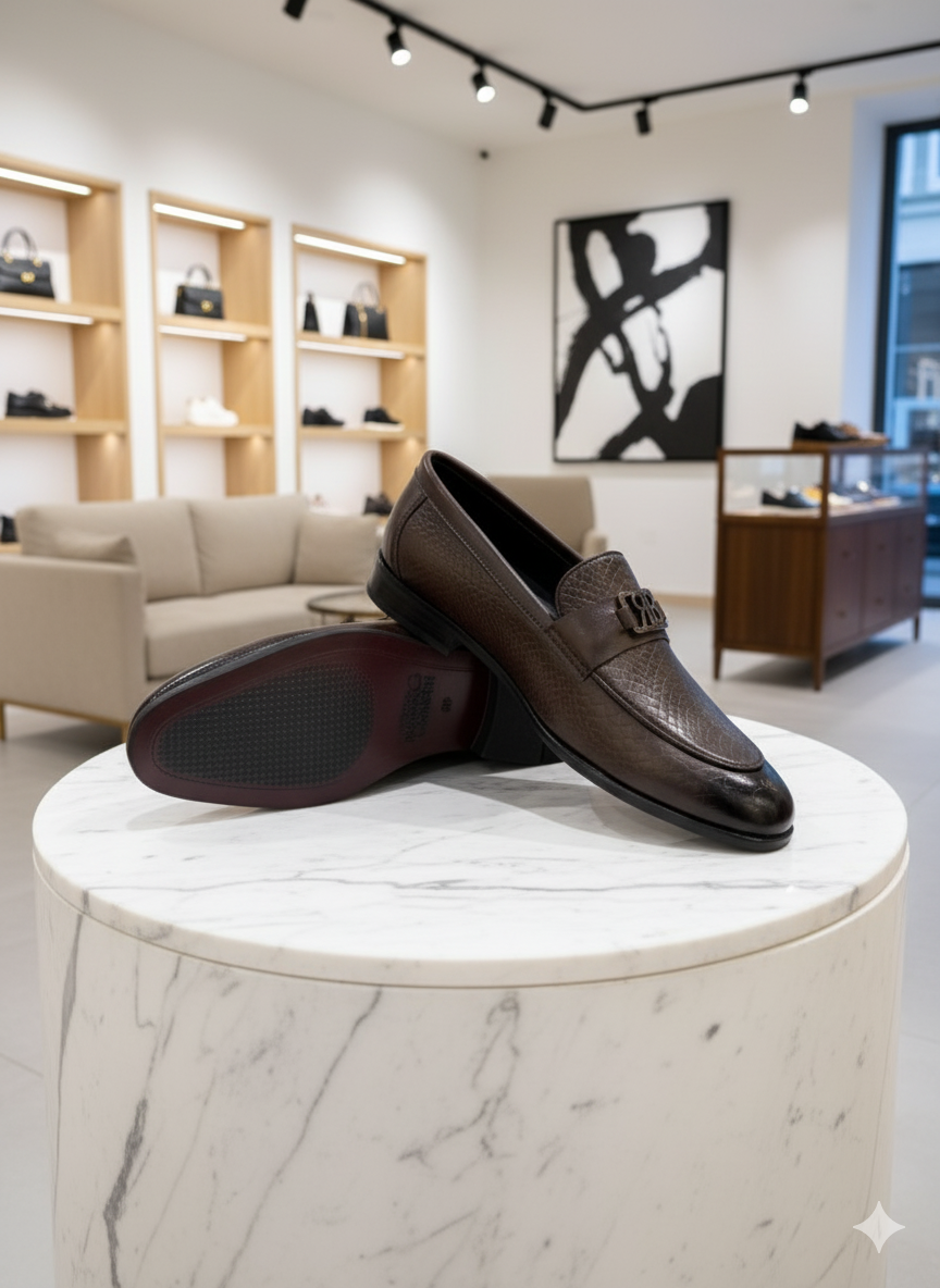 ROSSO EMBOSSED LEATHER RB MONOGRAM BUCKLE LOAFERS