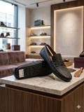 TMY Premium Black Woven-Texture Horsebit Loafers
