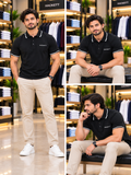 HKT LONDON CONTRAST STRIPED COLLAR BLACK POLO T-SHIRT