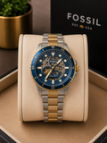 Fossil Men’s Automatic Skeleton Diver Watch – Blue Dial Two-Tone Stainless Steel metal strap original Watch